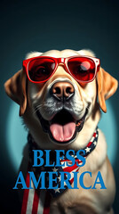 A cheerful Labrador Retriever with refined features, wearing red sunglasses and an American flag scarf, 14th for july celebration. Below, the phrase "BLESS AMERICA". Created with generative AI.