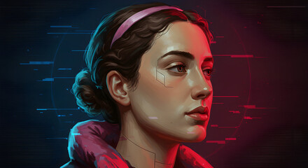 Futuristic cyberpunk portrait of young woman with dual red and teal lighting. Digital art with sci-fi interface elements, technological patterns, and HUD graphics against dark background creating dram