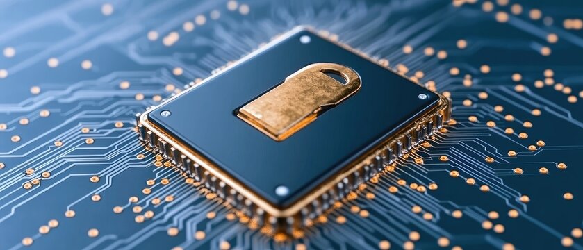 Close-up of an integrated circuit board with a golden flash drive atop it. Intricate pathways connect it