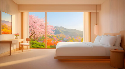 Luxury Hotel Room with Floor to Ceiling Window and Scenic View