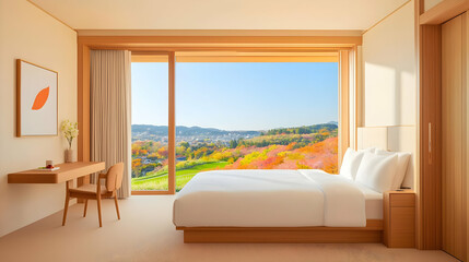 Fototapeta premium Luxurious Hotel Room with Floor-to-Ceiling Window and Scenic View