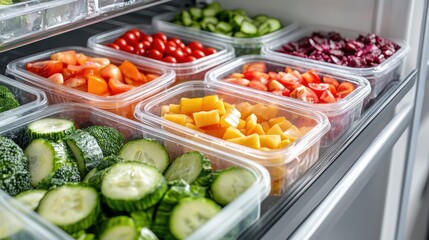 Prepped vegetables in containers in a refrigerator.