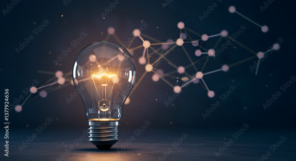 Poster illuminated light bulb with network connection nodes on dark background for innovation and creativit