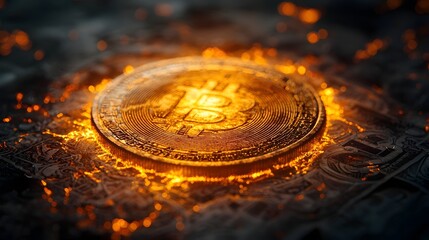 Glowing cryptocurrency coin amidst traditional currency