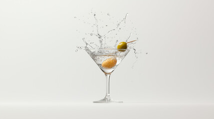 Elegant martini glass with liquid splash and olives flying mid-air, captured in motion against a white background.
