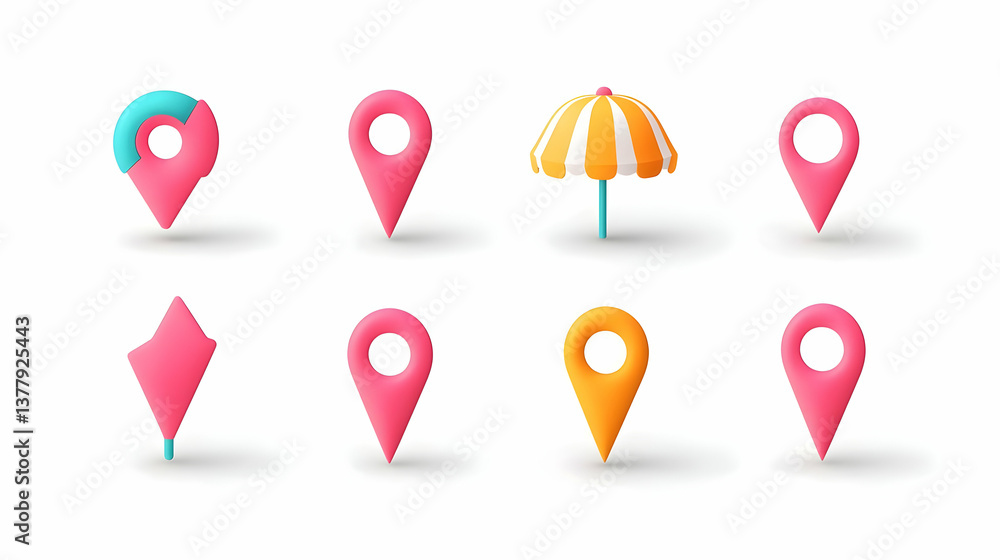 Poster colorful map pins and icons for location marking and navigation