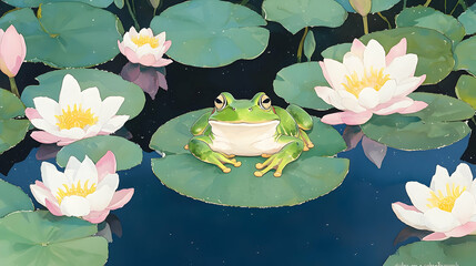 Charming Hand-Drawn Green Frog on Lily Pad with Water Lilies
