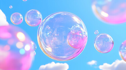 Vibrant Bubbles Floating in a Bright Blue Sky Background