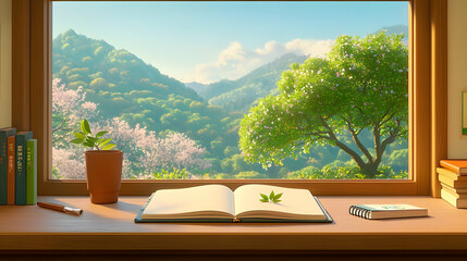 Serene Travel Journal Scene with Open Notebook and Sakura View