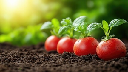 Four tomatoes with sprouts lined in soil, against a backdrop of foliage, and sun rays