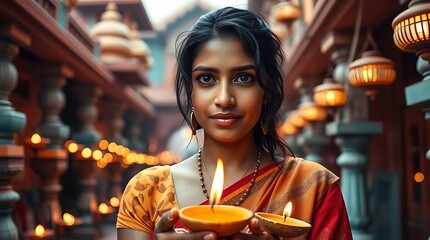 Indian beautiful woman celebrating diwali culture in saree .Satan ritual .Diwali ritual of lights.Happy mood with holding lamps 