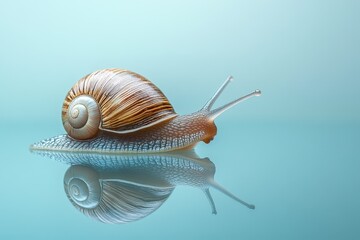 A singular snail glides across a smooth mirrored aqua surface