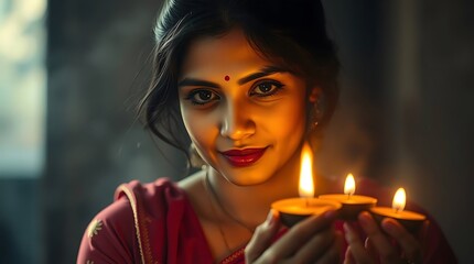 Indian beautiful woman celebrating diwali culture in saree .Satan ritual .Diwali ritual of lights.Happy mood with holding lamps 