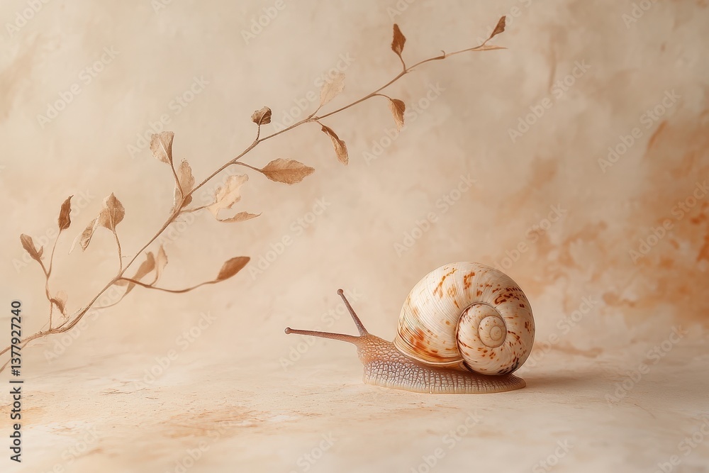 Poster a snail with shell and foliage on a textured background