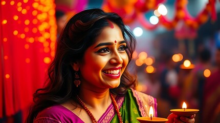 Indian beautiful woman celebrating diwali culture in saree .Satan ritual .Diwali ritual of lights.Happy mood with holding lamps 