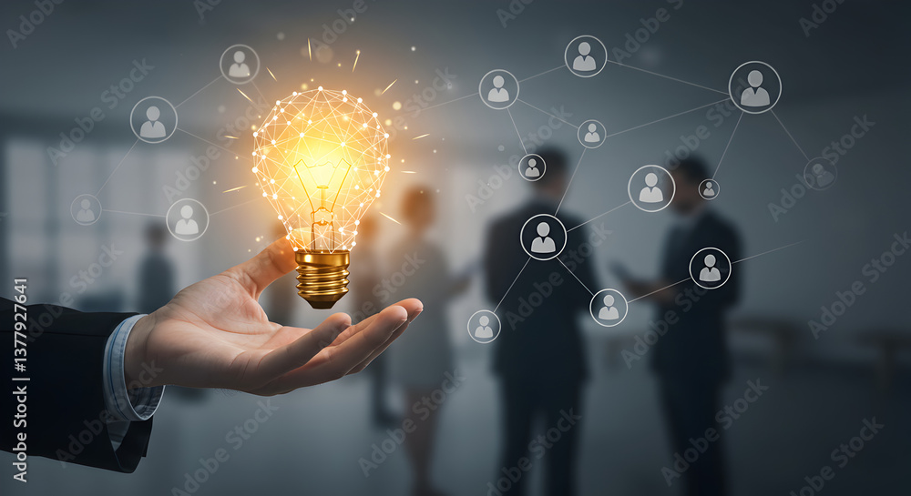 Poster hand presenting a lightbulb with networking icons in a blurred office environment represents innovat