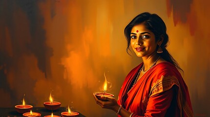 Indian beautiful woman celebrating diwali culture in saree .Satan ritual .Diwali ritual of lights.Happy mood with holding lamps 