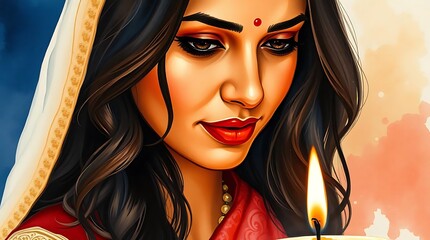 Indian woman celebrating diwali illustration for poster banner invitation card 
