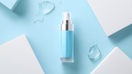 sleek airless pump bottle for skincare products is displayed on light blue background, surrounded by abstract shapes and gel like textures, creating fresh and modern aesthetic