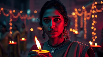 Indian beautiful woman celebrating diwali culture in saree .Satan ritual .Diwali ritual of lights.Happy mood with holding lamps 
