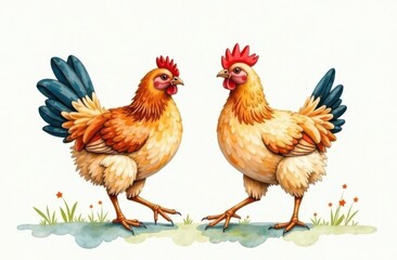 Colorful Roosters Facing Each Other Illustration