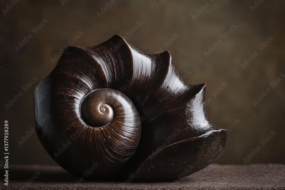 Poster an elegant spiraling dark seashell rests on a textured surface