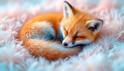 Fototapeta premium Cute Sleeping Fox Cub Curled Up on a Soft Furry Bed