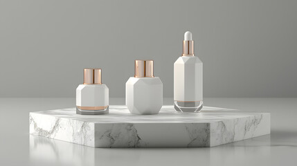 Elegant skincare packaging with luxury pump and dropper bottles displayed on marble platform, showcasing minimalist design and sophistication