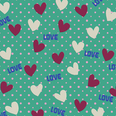 Heart patterns and colorful spots with the word 