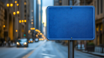 rectangular clean blue street sign with no text stands prominently on bustling city street, surrounded by blurred lights and moving cars, creating dynamic urban atmosphere