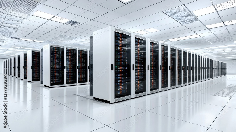 Aufkleber a modern data center featuring rows of server racks in a sleek, high-tech environment with a bright,