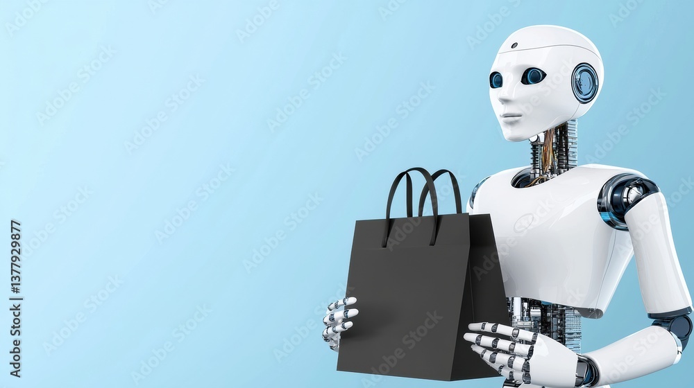 Poster a futuristic robot holds a shopping bag, symbolizing the integration of technology and retail in mod