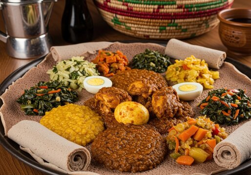 Ethiopian injera served with doro wat and a variety of traditional side dishes for a shared meal