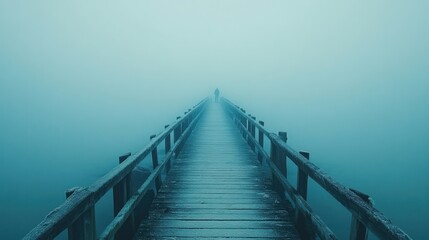 Fototapeta premium Solitary figure walking on a foggy pier.