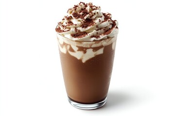 A tall glass filled with a chocolate drink topped with whipped cream and chocolate shavings on top