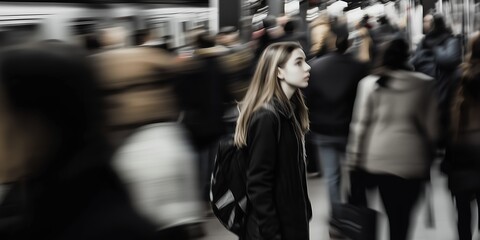 A crowded subway station filled with people blurred in motion. Among them, a young woman looks upward, standing still in focus 