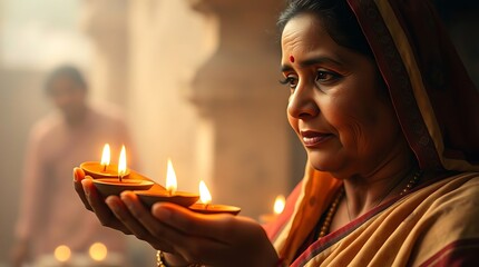 Indian beautiful woman celebrating diwali culture in saree .Satan ritual .Diwali ritual of lights.Happy mood with holding lamps 
