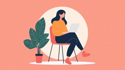 Fototapeta premium A woman sits on a chair with a laptop, surrounded by a plant, against a soft pastel background, embodying a modern home office vibe.