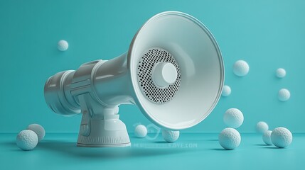 3D render of megaphones and speech bubbles against a light blue backdrop, symbolizing communication, advertising, and marketing concepts.