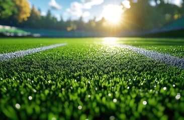 Naklejka premium Bright Green Artificial Turf Football Field At Sunset