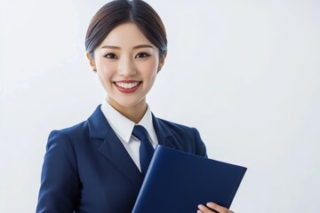 Business professional wearing a suit holding a folder and smiling confidently in a well-lit office setting