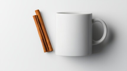 White mug with cinnamon sticks on white background