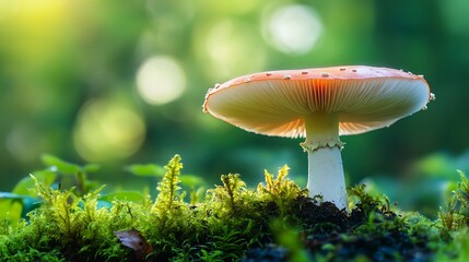 Mushroom in the grass with a fly agaric toadstool surrounded by forest moss and autumn foliage