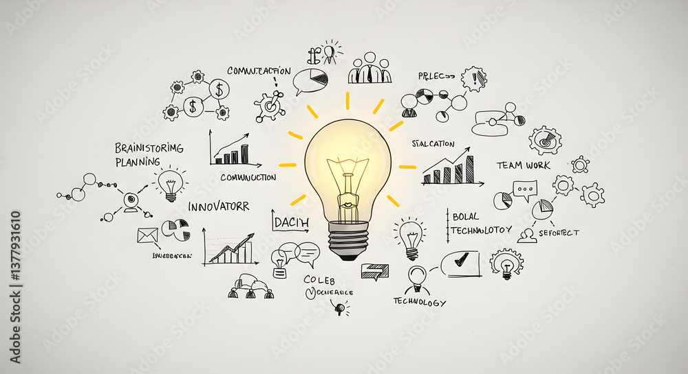 Poster glowing lightbulb surrounded by business strategy doodles on white background symbolizing innovation