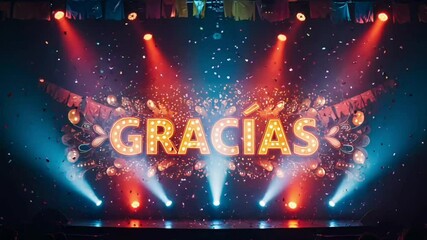 Spotlit 'GRACIAS' on Festive Stage Celebration Background with Confetti & Balloons - Powered by Adobe