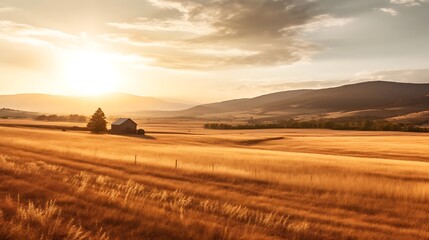 Obraz premium Golden Sunset Over Farmland With a Lone Barn