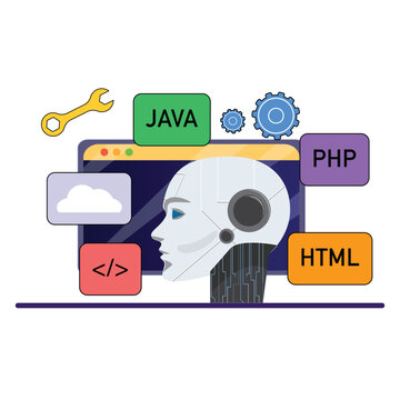AI robot head illustration with coding symbols, engine units, and isolated tech elements