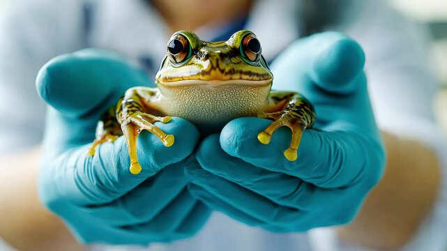 Close up hand of a researcher hands wearing gloves holding a small frog for experiment in laboratory. Research on laboratory animals, Animal testing concept	