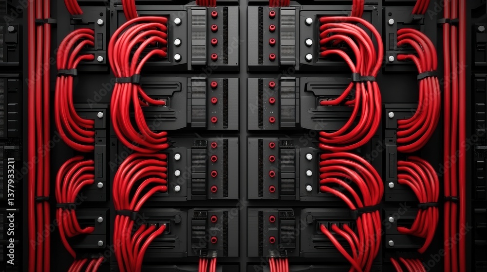 Poster a close-up view of a server rack with red cables organized neatly, showcasing a modern technology se