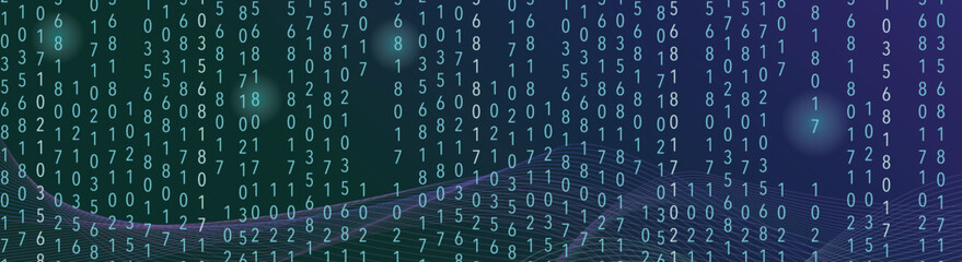 Futuristic digital banner featuring flowing binary data and glowing abstract waves for backgrounds